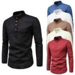 2022 cross-border foreign trade shirt men's fashion slim solid color long-sleeved business stand-up collar cotton and linen half-open men's shirt