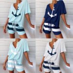 European and American popular V-neck anchor pattern printing short-sleeved tops, wide-leg pants, shorts, loose and thin suits for women