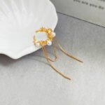 Copper-plated real gold Korean chain tassel ear bone clip ins wind pearl inlaid zircon earrings earrings without ear holes T683 - Image 3