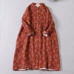 Japanese Mori Girl Art Floral Cotton Yarn Cotton Dress Loose Double Layer Cotton Long Sleeve Stand Collar Cardigan A-Line Skirt - Image 3