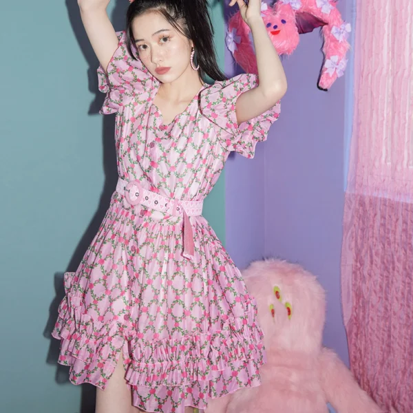 FLORAL RUFFLE BUBBLE SLEEVES BUFFLE PRINCESS SKIRT