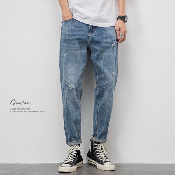 Washed light color jeans men's loose straight leg ripped casual trendy brand cropped pants tapered pants stretch spring