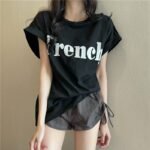 Cotton 2023 letter printed T-shirt women's summer new women's clothing tee loose Korean curling mid-length round neck top - Image 2