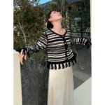 Aisili 2023 spring new long-sleeved striped top small shirt Korean casual tassel knitted sweater female 8210