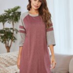 Amazon ebay spring and summer hot style foreign trade European and American women's dress stitching color strip round neck home service pajamas