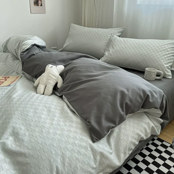 New washed cotton bed four-piece set Nordic style ins solid color bed sheet quilt cover dormitory three-piece bedding spring and summer 4