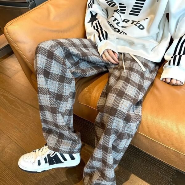 Thickened woolen plaid pants men's autumn and winter thickened Japanese retro trendy brand large size loose straight casual trousers