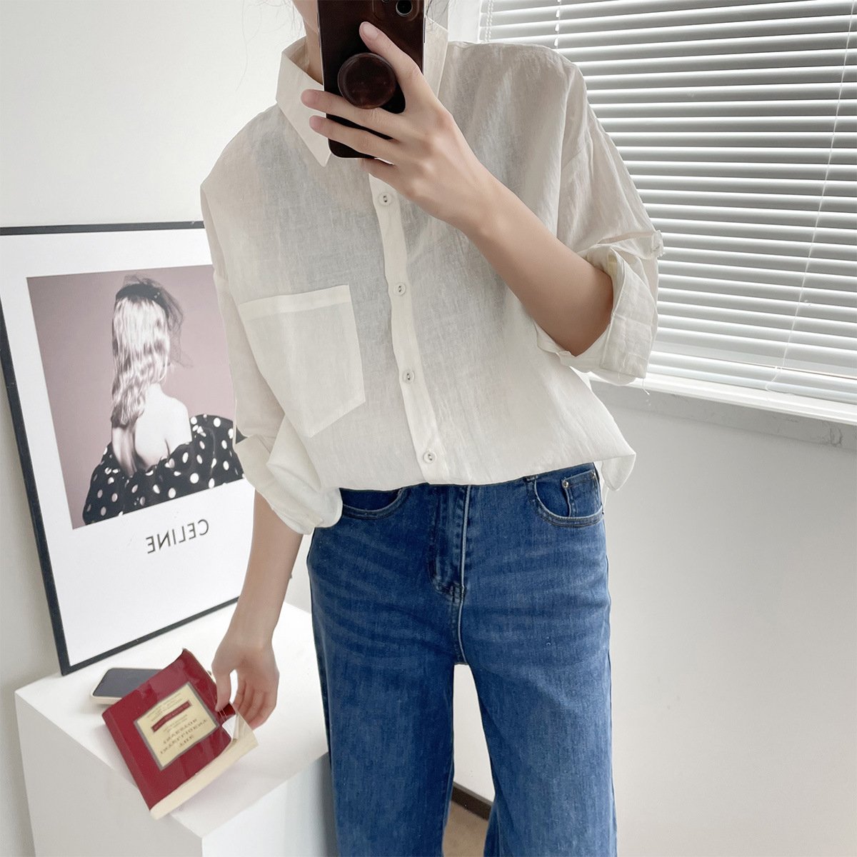 O1CN01ayjco121qzqd8Vj4T_939797037-0-cib-1.jpg 303-1820 Japanese fresh spring women's clothing lapel back buckle solid color pocket long-sleeved cotton and linen shirt for women - Image 1