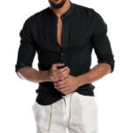 2022 Cross Border Men's Amazon AliExpress Linen Stand Collar Long Sleeve Men's Cardigan Shirt Men's Summer - Image 3