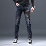 European station jeans men's spring and autumn trendy brand embroidery print slim jeans men's small foot stretch trousers are versatile - Image 2