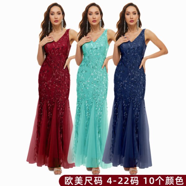 Large size European version sequined evening dress light luxury banquet dress embroidered mesh gauze slim mermaid skirt women's spot