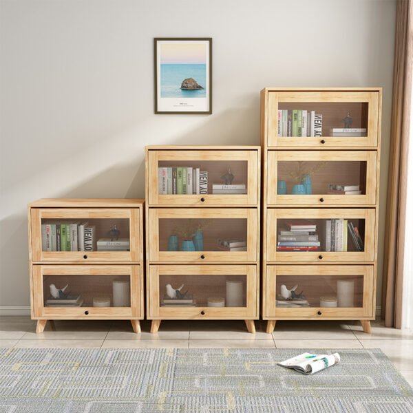 Pine children's bookcase storage cabinet Nordic solid wood bookcase modern minimalist floor-to-ceiling display cabinet tempered glass door