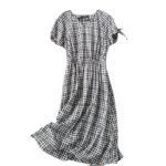 ZOJ Japanese-style cotton dress black and white grid 2022 new spring and summer fashion women's skirt short sleeves / middle sleeve selection - Image 5