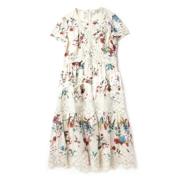 Give back at a loss~Island Home~Sen Department Vintage Pastoral Print Lace Small Size Eden Floral Cotton Dress