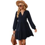 Solid V-neck loose pleated patchwork long sleeved dress - Image 4
