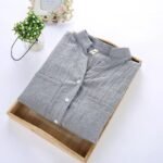 Japanese small fresh stand-up collar loose cotton linen three-quarter sleeve shirt plain cotton linen shirt female sun protection clothing - Image 4