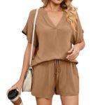 Women's Solid V-Neck Loose T-shirt Shorts Set - Image 2