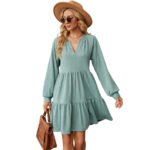 Solid V-neck loose pleated patchwork long sleeved dress - Image 5