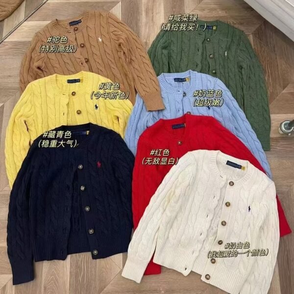 High quality scannable RL Raf pony logo twist knit cardigan embroidered crew neck simple sweater