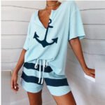 European and American popular V-neck anchor pattern printing short-sleeved tops, wide-leg pants, shorts, loose and thin suits for women - Image 4