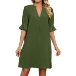 Solid V-neck Loose Pleated 5/4 Sleeve Dress - Image 2