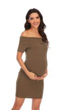 6175# in stock! New Maternity Skirt Amazon eBay Europe and America Solid Color One Shoulder Short Sleeve Dress - Image 4