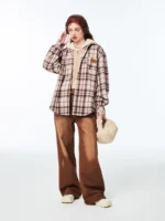 Pink brown retro plaid brushed loose casual shirt - Image 3