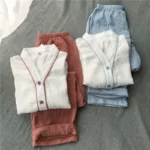 Simple Japanese plain cotton washed cotton double-layer gauze V-neck home clothes pajamas set long-sleeved trousers