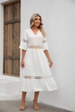Solid V-neck hollowed out lace patchwork medium sleeved loose fitting dress - Image 2