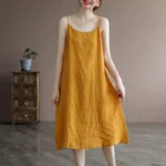 New cotton suspenders cotton linen solid color dress ladies literary temperament loose inner suspender long skirt - Image 2