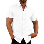 Foreign Trade Cross-border Amazon Hot Sale Summer Lapel Solid Color Short Sleeve Button Men's Linen Shirt - Image 4