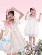 Jacquard loose high waist vintage bubble sleeve dress