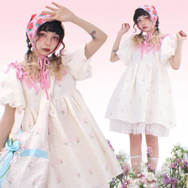 Jacquard loose high waist vintage bubble sleeve dress