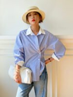 Spring new women's shirt women's long-sleeved blue and white striped French design color matching shirt women's commuting top - Image 2