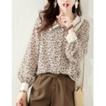 2022 spring and autumn new Korean version fashion design sense loose and thin temperament floral top square collar long-sleeved shirt women - Image 3