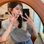 Chic French puff sleeve short-sleeved shirt female all-match summer small plaid design doll collar shirt - Image 5