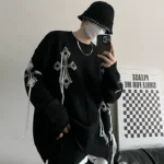 Cross jacquard crochet wool casual loose knit sweater