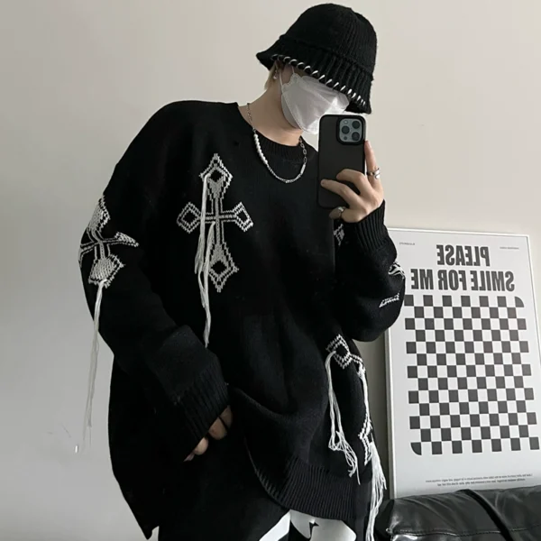 Cross jacquard crochet wool casual loose knit sweater