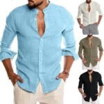 2022 Cross Border Men's Amazon AliExpress Linen Stand Collar Long Sleeve Men's Cardigan Shirt Men's Summer