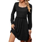 Solid color square neck long sleeved waistband loose fitting dress - Image 3