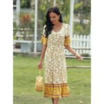 V-neck elastic waist printed patchwork dress