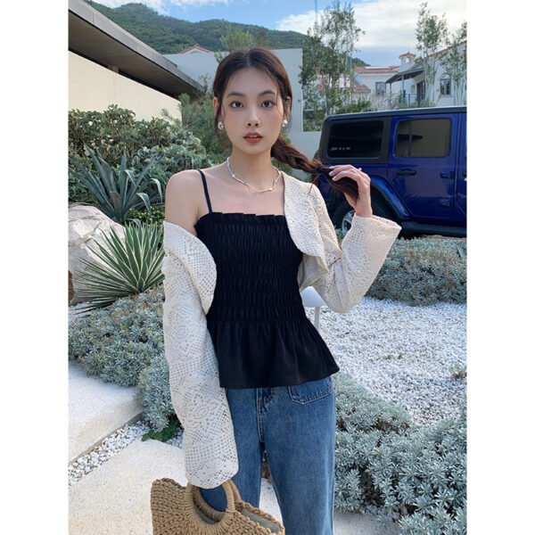 Aixili 2023 spring new lace long-sleeved shawl with small straps and ruffles two-piece suit female 8111