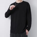 Cotton loose crewneck long-sleeved T-shirt for men Men and women with the same solid color simple and versatile top can be worn over the base layer - Image 2