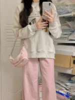 Pink wide-leg pants women's spring and autumn 2023 new sweet cool Japanese small pants straight drape casual pants ins - Image 2