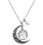 European and American foreign trade jewelry Bohemian style hollow moon tree of life wishing tree pearl pendant necklace - Image 2