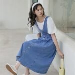 Summer Japanese ins high-waisted a-line waist slimming small fresh over-the-knee denim suspenders dress women's mid-length - Image 4