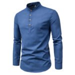 2022 cross-border foreign trade shirt men's fashion slim solid color long-sleeved business stand-up collar cotton and linen half-open men's shirt - Image 2