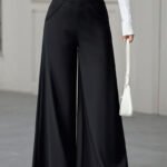 European and American cross-border women's minimalist elegance high-waisted abdomen cinched black wide-leg trousers with pockets are suitable for work and office attire