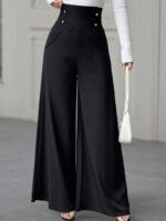 European and American cross-border women's minimalist elegance high-waisted abdomen cinched black wide-leg trousers with pockets are suitable for work and office attire