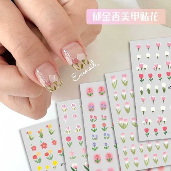 Olin Ting Nail Art Stickers Tulip Flowers Adhesive Nail Decals Net Red Small Fresh Nail Art Style Stickers